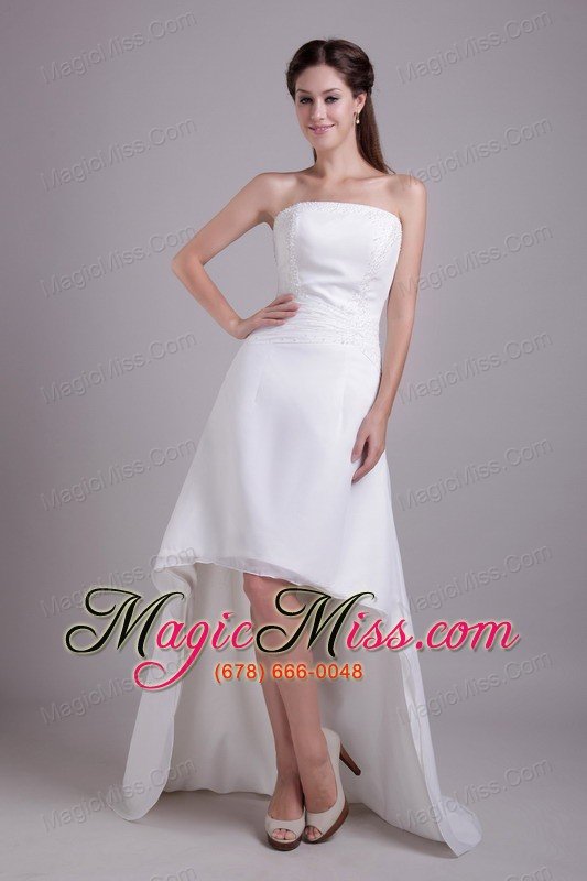 wholesale white a-line / princess strapless high-low satin beading wedding dress