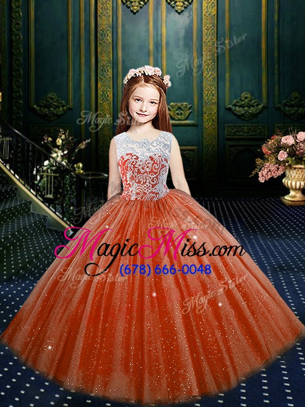 wholesale scoop sleeveless clasp handle little girls pageant dress orange red tulle