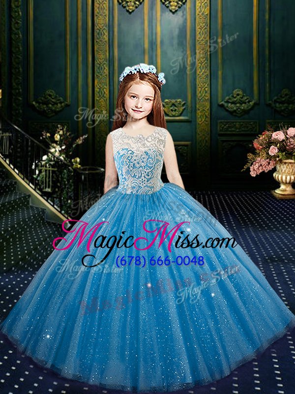 wholesale custom designed scoop blue sleeveless floor length appliques clasp handle little girls pageant dress wholesale