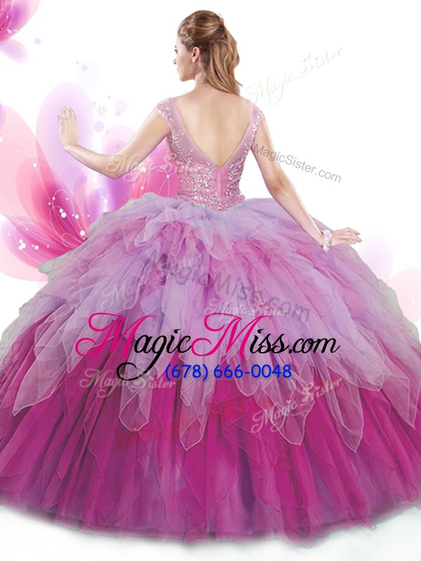 wholesale deluxe multi-color ball gowns tulle v-neck cap sleeves beading and ruffles floor length lace up quince ball gowns