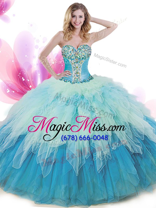 wholesale pretty multi-color tulle lace up quinceanera dress sleeveless floor length beading and ruffles