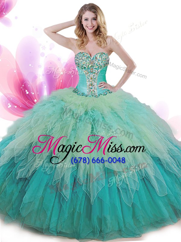 wholesale pretty multi-color tulle lace up quinceanera dress sleeveless floor length beading and ruffles