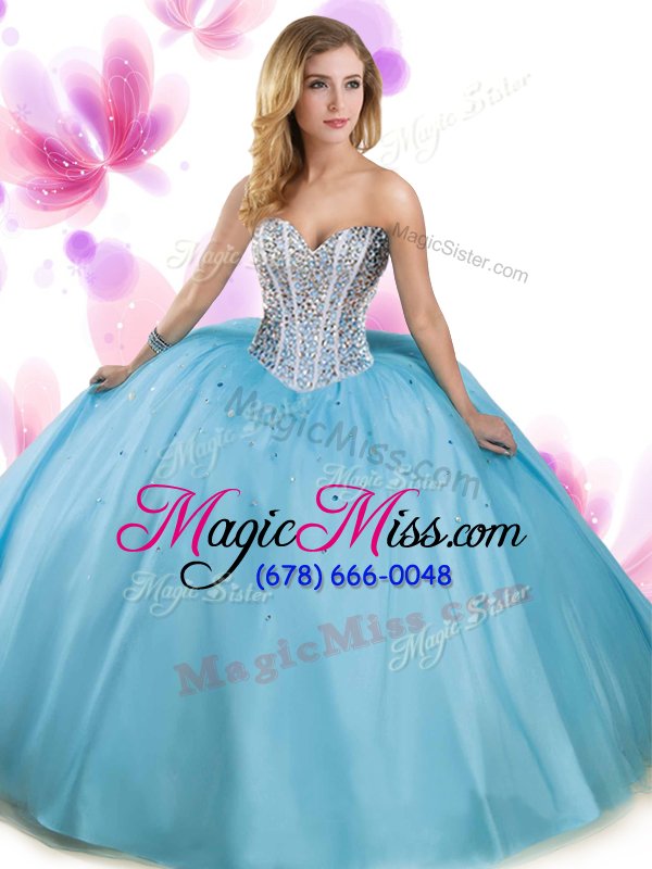 wholesale trendy aqua blue ball gowns tulle sweetheart sleeveless beading floor length lace up sweet 16 dress
