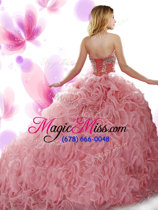 wholesale customized ball gowns sweetheart sleeveless organza and fabric with rolling flowers sweep train lace up beading and ruffles quinceanera gown
