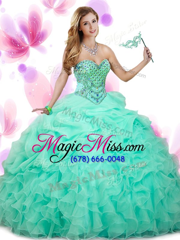 wholesale organza sweetheart sleeveless lace up beading and ruffles and pick ups quinceanera gown in apple green