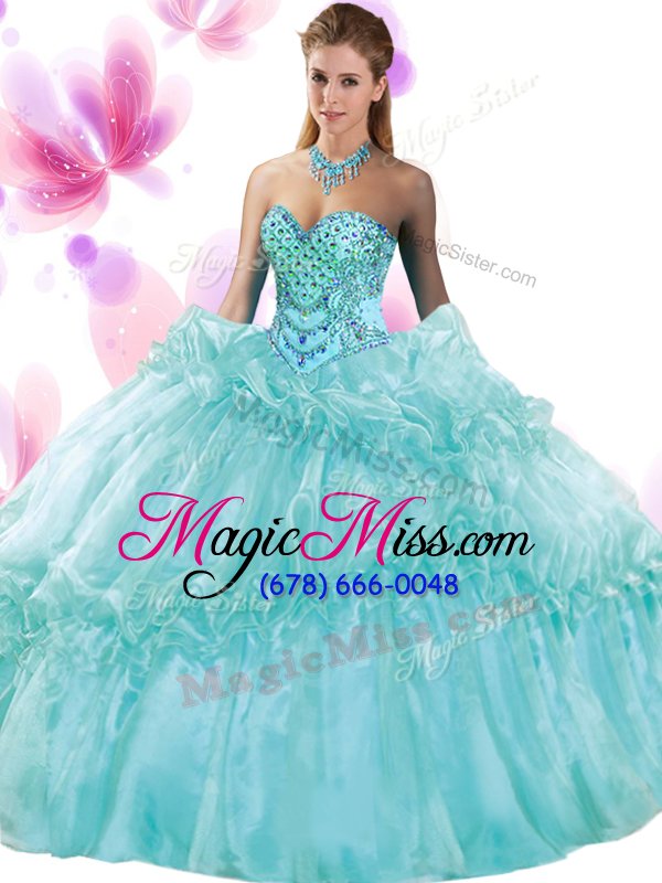 wholesale ideal light blue ball gowns pick ups sweet 16 dress lace up organza sleeveless floor length