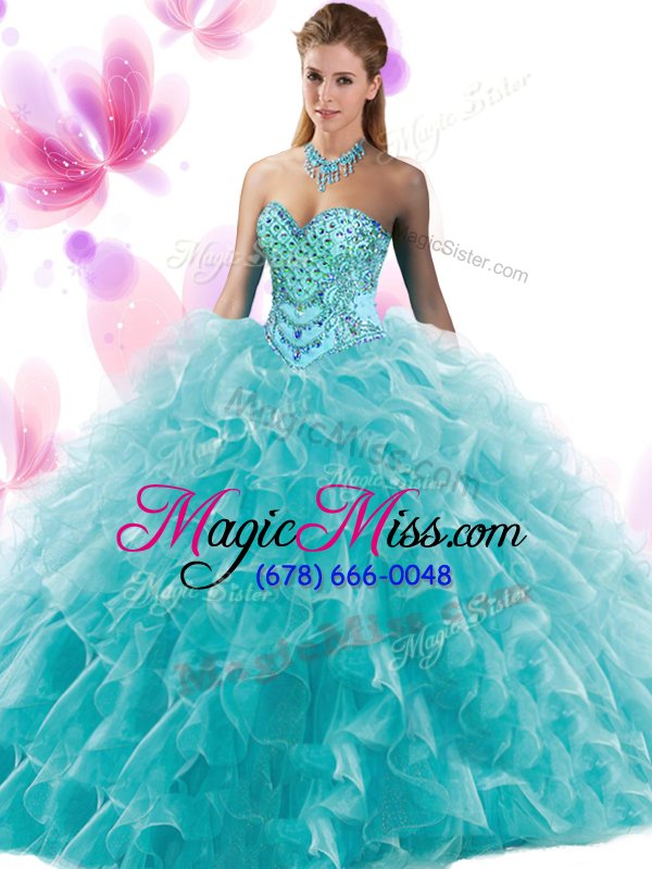 wholesale edgy teal ball gowns organza sweetheart sleeveless beading and ruffles floor length lace up sweet 16 quinceanera dress