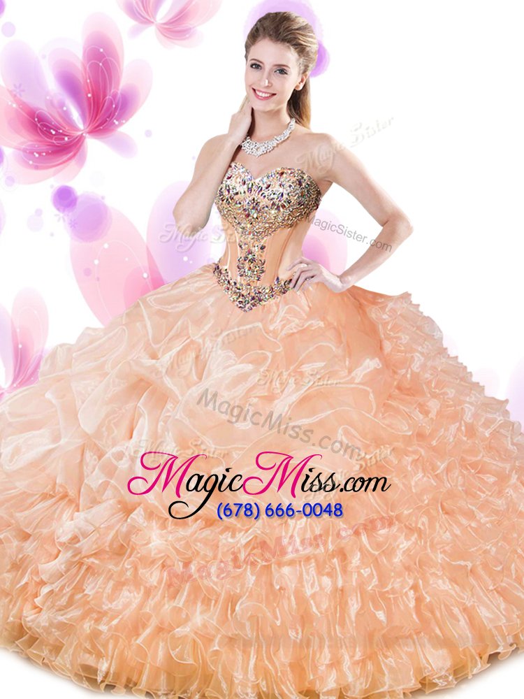 wholesale exceptional floor length lace up vestidos de quinceanera orange and in for military ball and sweet 16 and quinceanera with beading and ruffled layers and pick ups