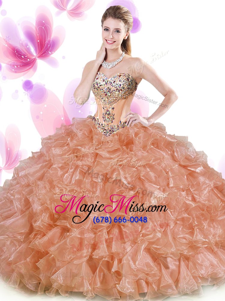 wholesale beading and ruffles quinceanera dresses rust red and peach lace up sleeveless floor length
