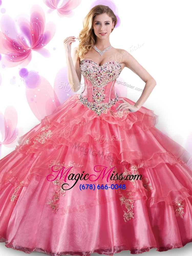 wholesale glorious coral red organza lace up sweetheart sleeveless floor length vestidos de quinceanera beading and appliques
