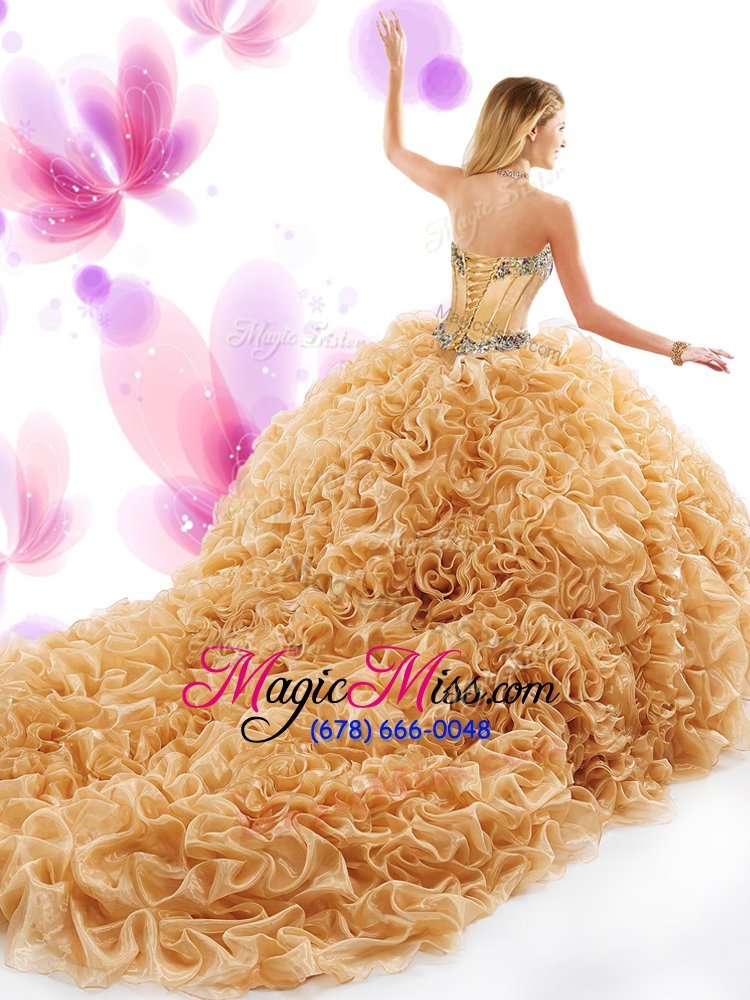 wholesale elegant orange ball gowns organza sweetheart sleeveless beading and ruffles lace up quinceanera gown court train