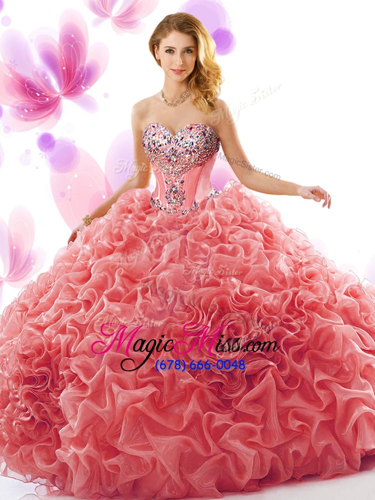wholesale elegant orange ball gowns organza sweetheart sleeveless beading and ruffles lace up quinceanera gown court train