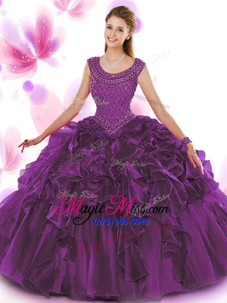 wholesale fancy organza scoop sleeveless zipper beading and ruffles quince ball gowns in dark purple