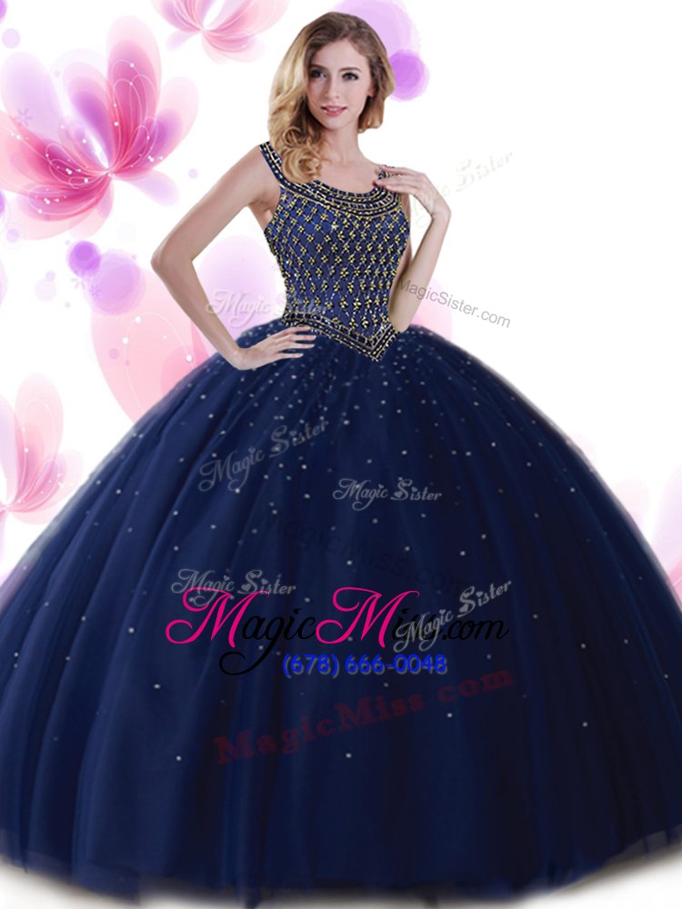 wholesale graceful scoop floor length zipper quince ball gowns navy blue and in for military ball and sweet 16 and quinceanera with beading