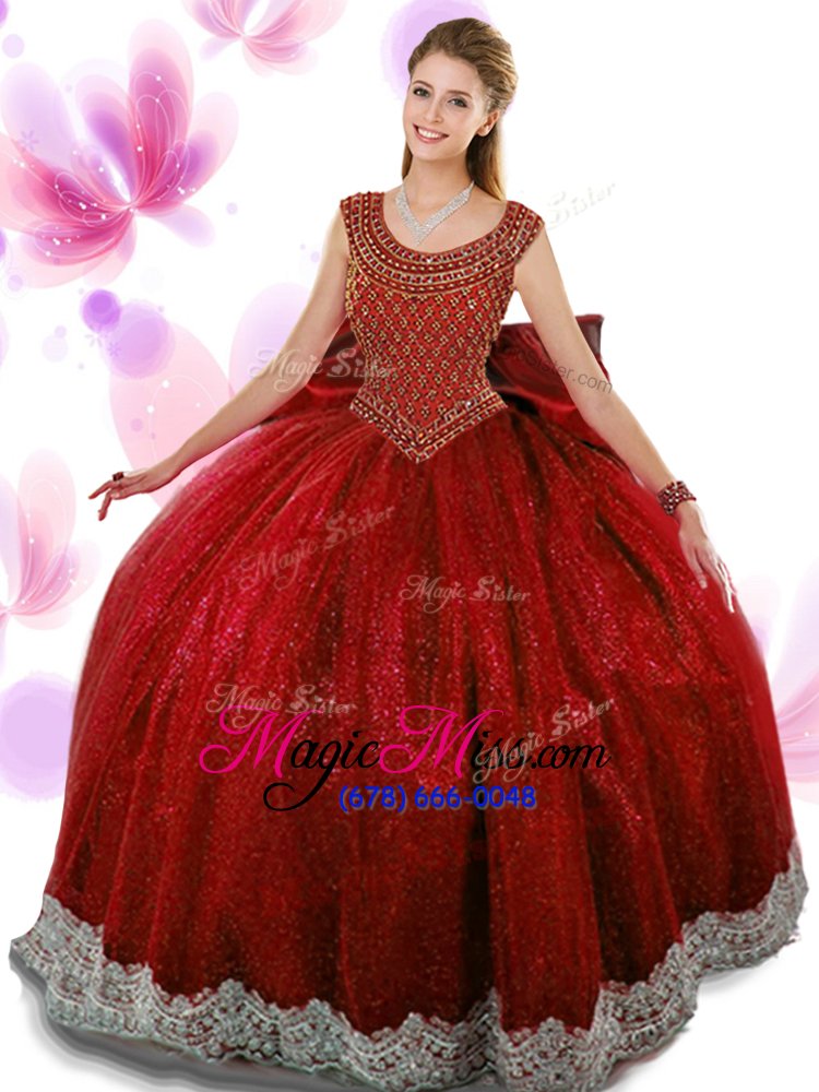 wholesale hot selling scoop sleeveless floor length beading and appliques and bowknot zipper quinceanera gown with wine red