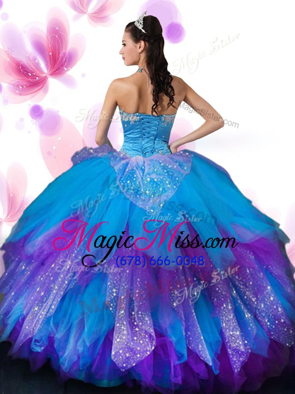 wholesale appliques and ruffled layers and hand made flower quinceanera dresses multi-color lace up sleeveless floor length