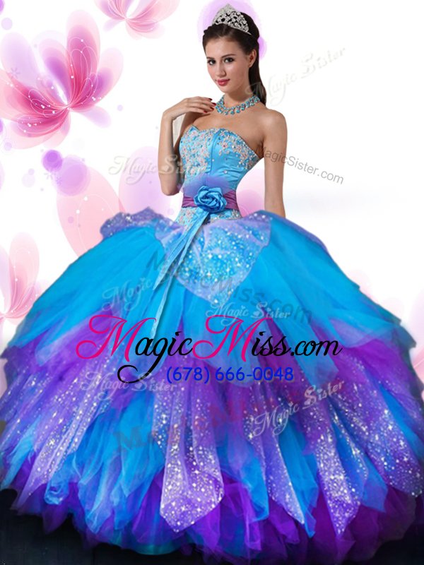 wholesale appliques and ruffled layers and hand made flower quinceanera dresses multi-color lace up sleeveless floor length