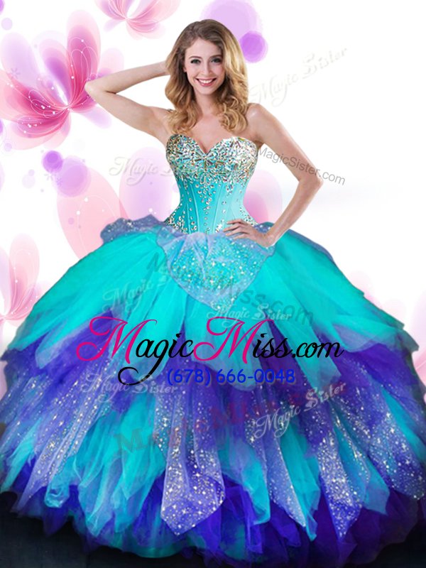 wholesale eye-catching sweetheart sleeveless 15 quinceanera dress floor length beading and ruffles multi-color tulle