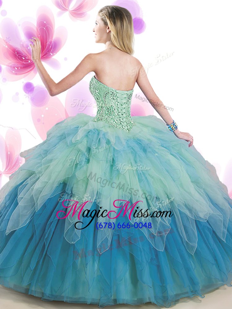 wholesale high class sleeveless tulle floor length lace up quinceanera gown in multi-color for with beading and ruffles