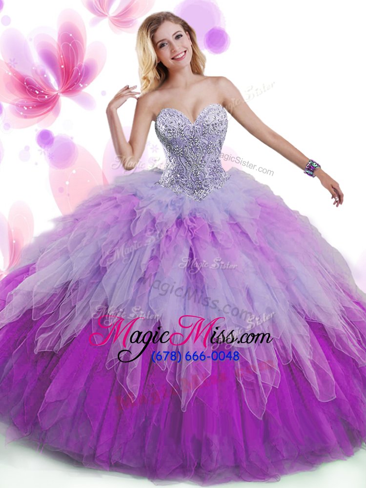 wholesale high class sleeveless tulle floor length lace up quinceanera gown in multi-color for with beading and ruffles