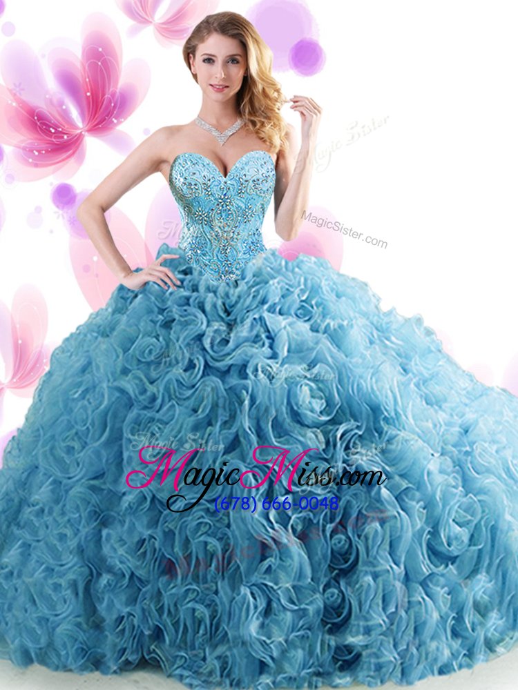 wholesale super blue sleeveless organza brush train lace up quinceanera dress for military ball and sweet 16 and quinceanera