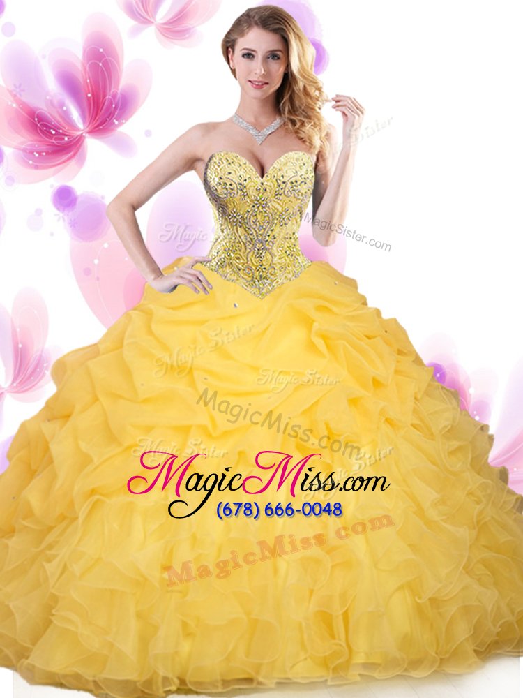 wholesale on sale ruffled ball gowns quince ball gowns gold sweetheart tulle sleeveless floor length lace up