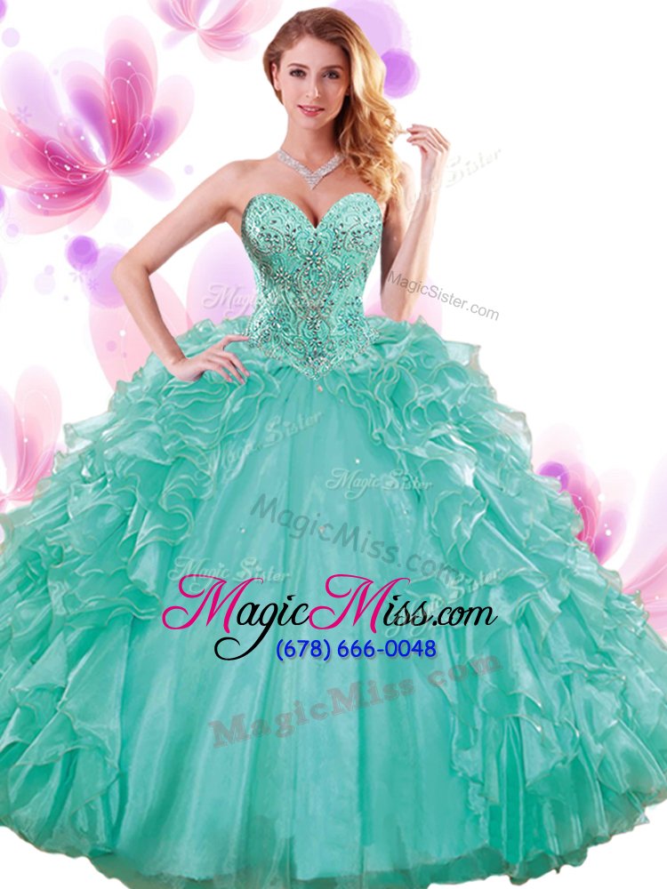 wholesale great turquoise sleeveless beading and ruffles and pick ups floor length quince ball gowns
