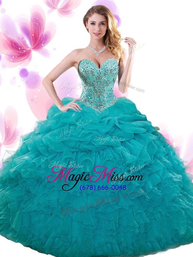wholesale fancy teal lace up sweetheart beading and ruffles and pick ups quince ball gowns organza sleeveless