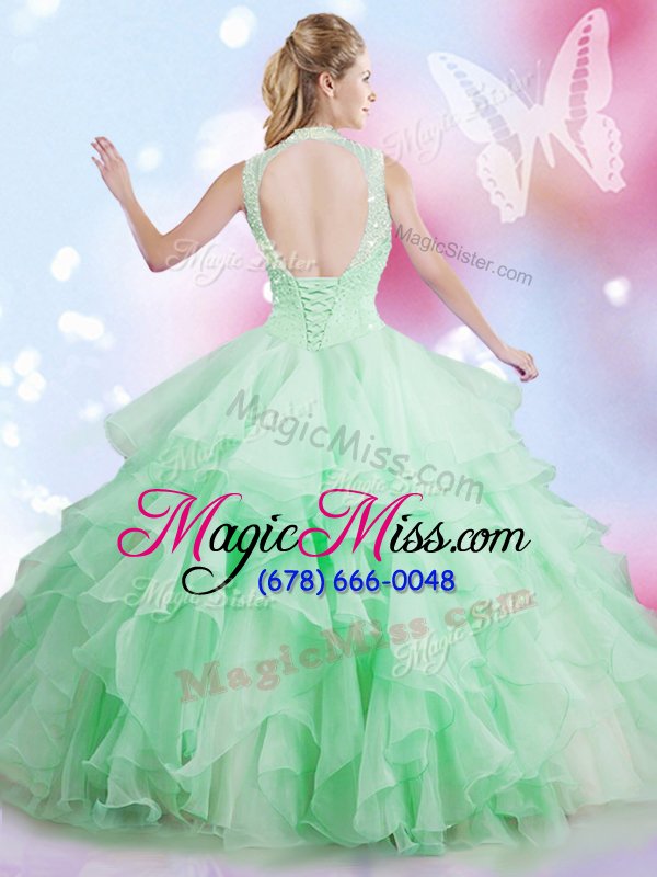 wholesale dazzling apple green high-neck lace up beading and ruffles 15th birthday dress sleeveless