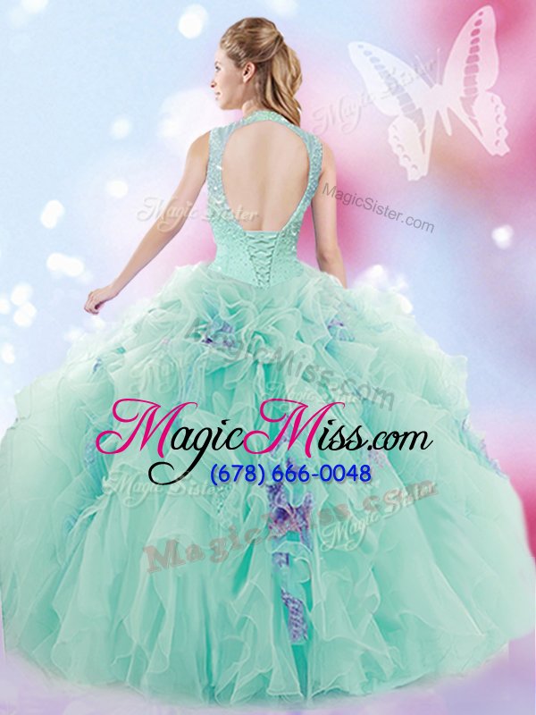 wholesale deluxe high-neck sleeveless quince ball gowns floor length beading and ruffles apple green tulle