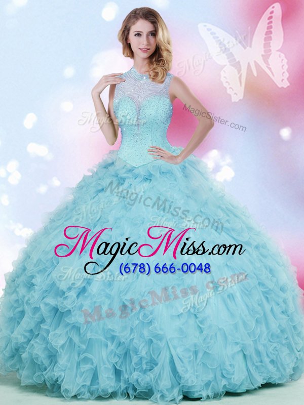 wholesale excellent tulle high-neck sleeveless lace up beading and ruffles sweet 16 dress in baby blue