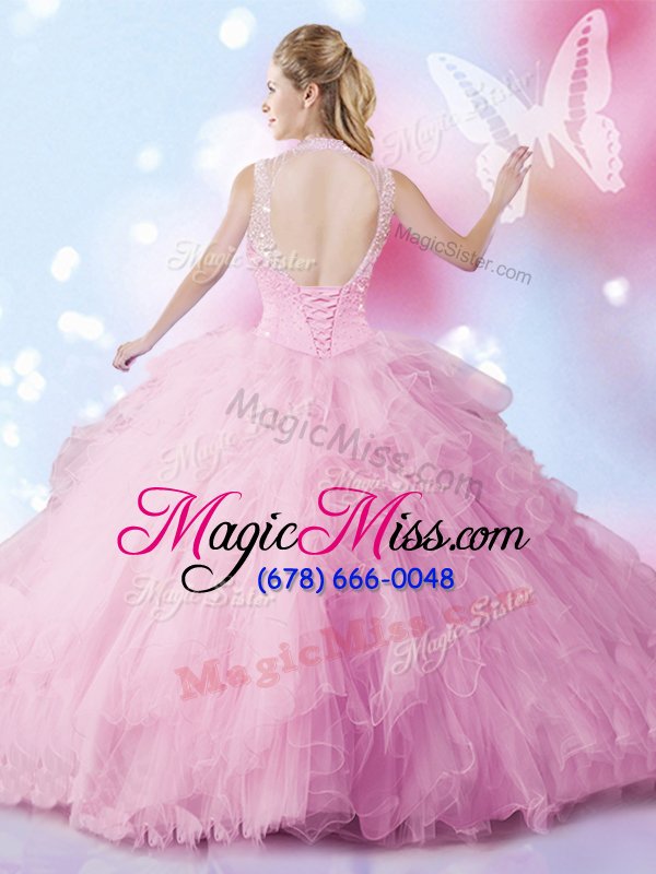 wholesale flirting beading and ruffles 15th birthday dress rose pink lace up sleeveless floor length