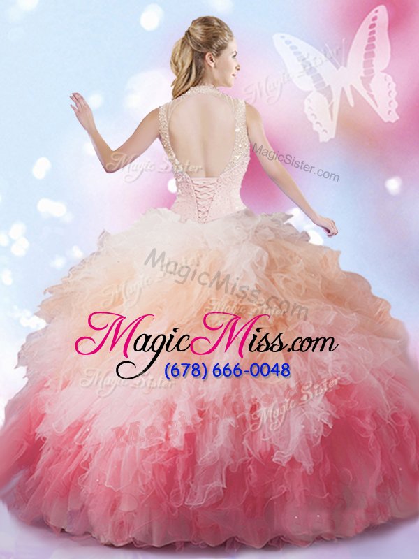 wholesale artistic high-neck sleeveless sweet 16 dresses floor length beading and ruffles multi-color tulle