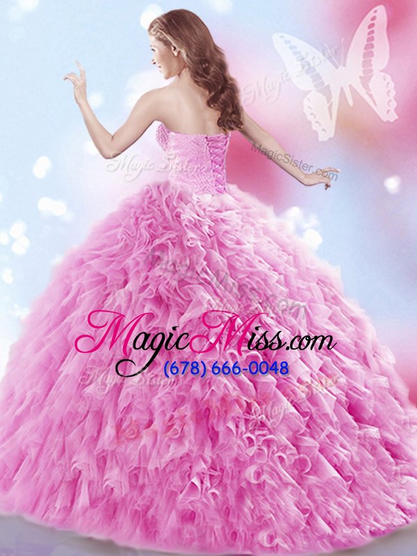 wholesale exceptional rose pink sleeveless beading and ruffles lace up 15th birthday dress