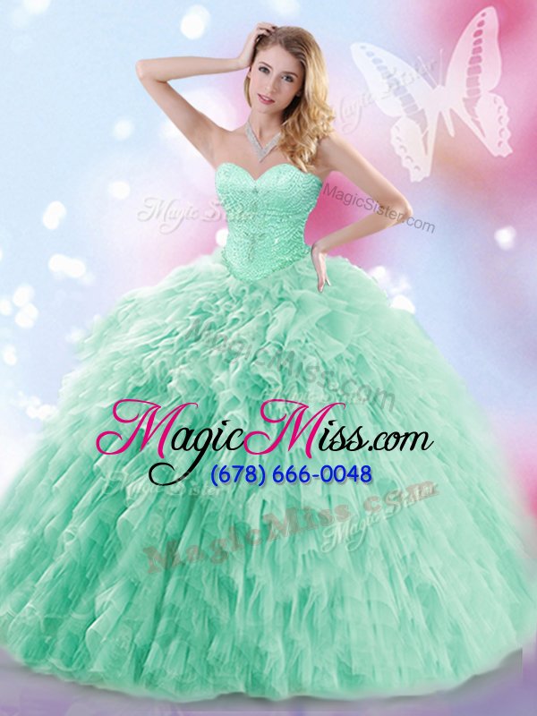 wholesale glittering apple green sleeveless tulle brush train lace up quinceanera gowns for military ball and sweet 16 and quinceanera