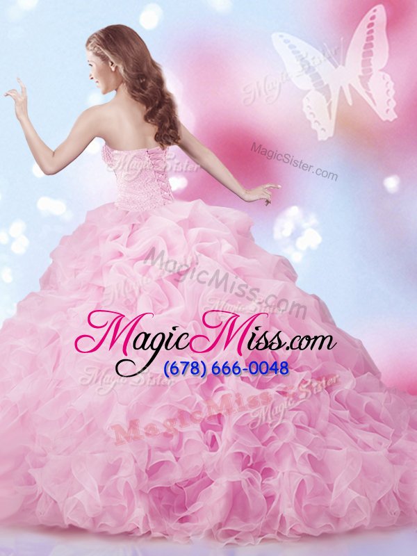 wholesale pick ups with train ball gowns sleeveless rose pink sweet 16 dress brush train lace up