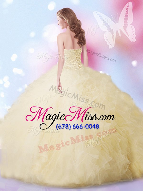 wholesale fitting light yellow lace up vestidos de quinceanera beading and ruffles sleeveless floor length