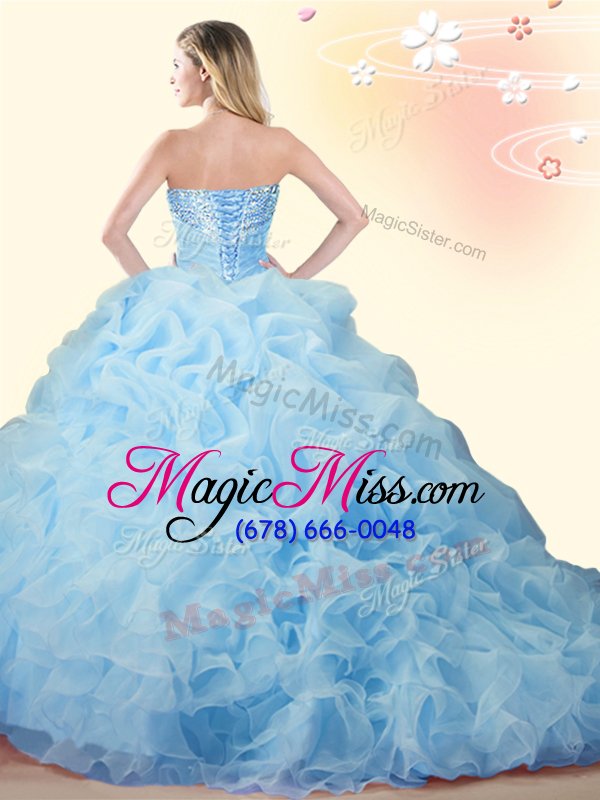 wholesale gold ball gowns beading and ruffles and pick ups 15th birthday dress lace up organza sleeveless with train