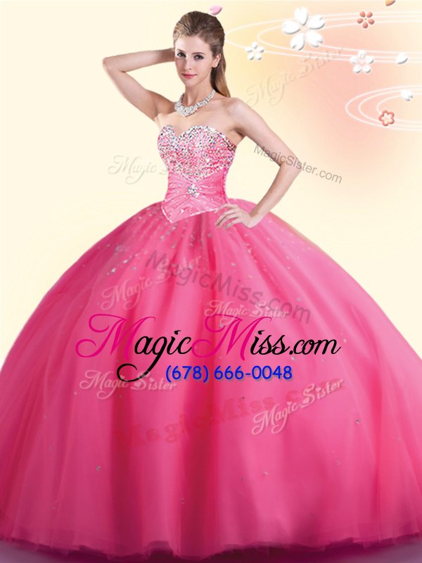 wholesale elegant hot pink lace up sweetheart beading quince ball gowns tulle sleeveless