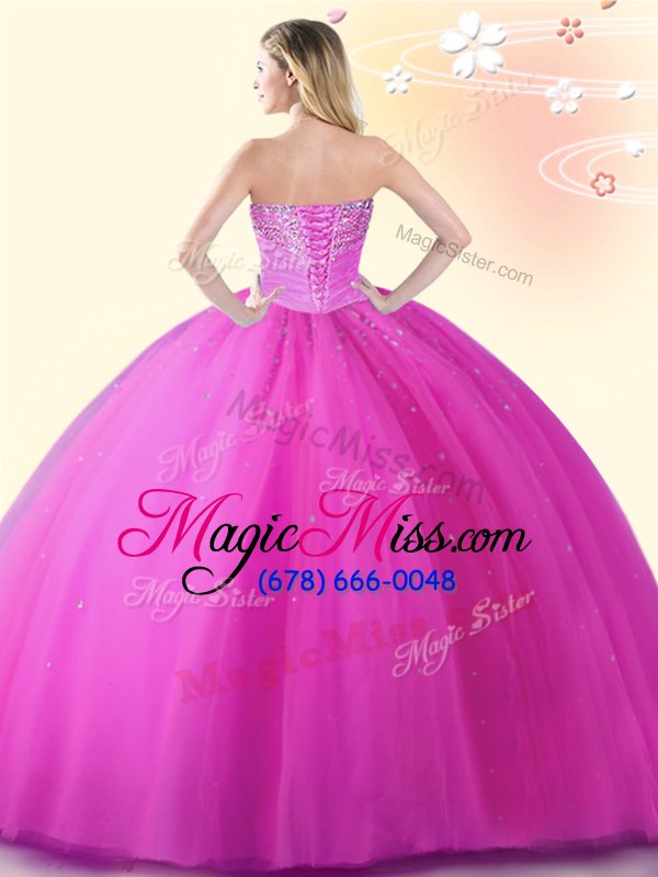 wholesale elegant hot pink lace up sweetheart beading quince ball gowns tulle sleeveless