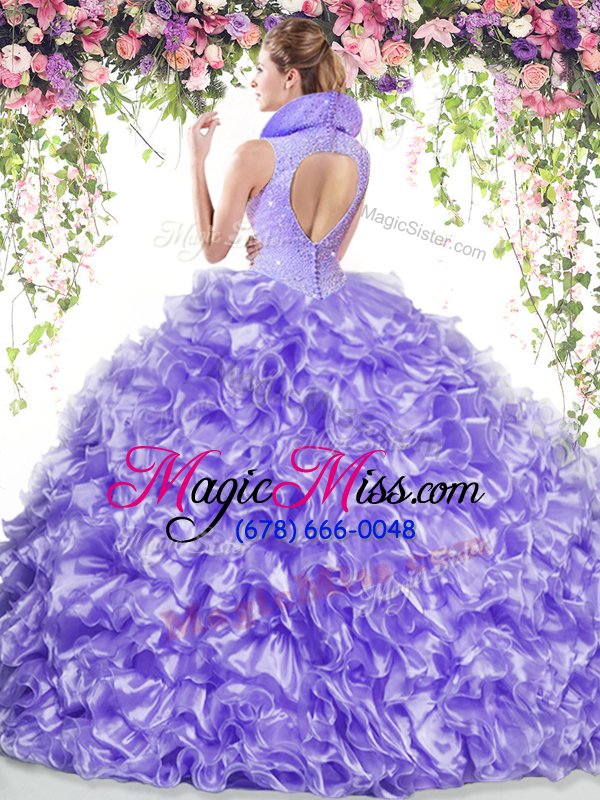 wholesale elegant blue organza backless 15th birthday dress sleeveless floor length beading and ruffles
