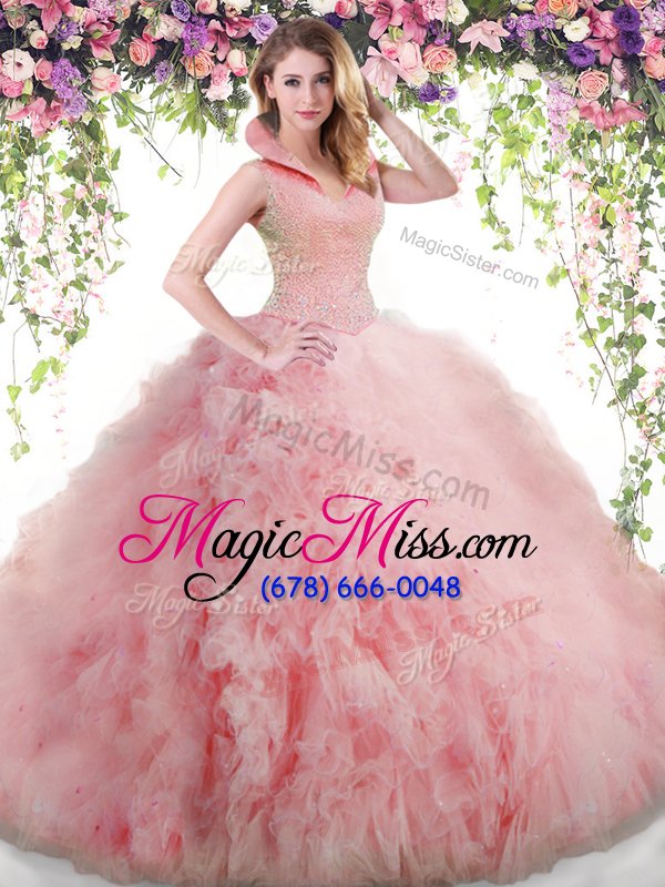 wholesale luxury watermelon red ball gowns beading and ruffles quinceanera gown backless tulle sleeveless floor length