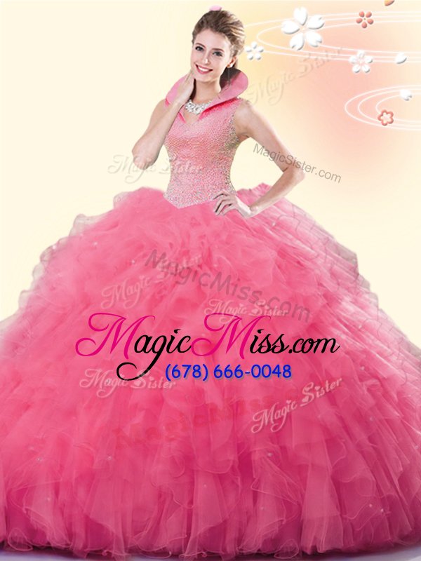 wholesale luxury ball gowns sweet 16 quinceanera dress rose pink high-neck tulle sleeveless floor length backless
