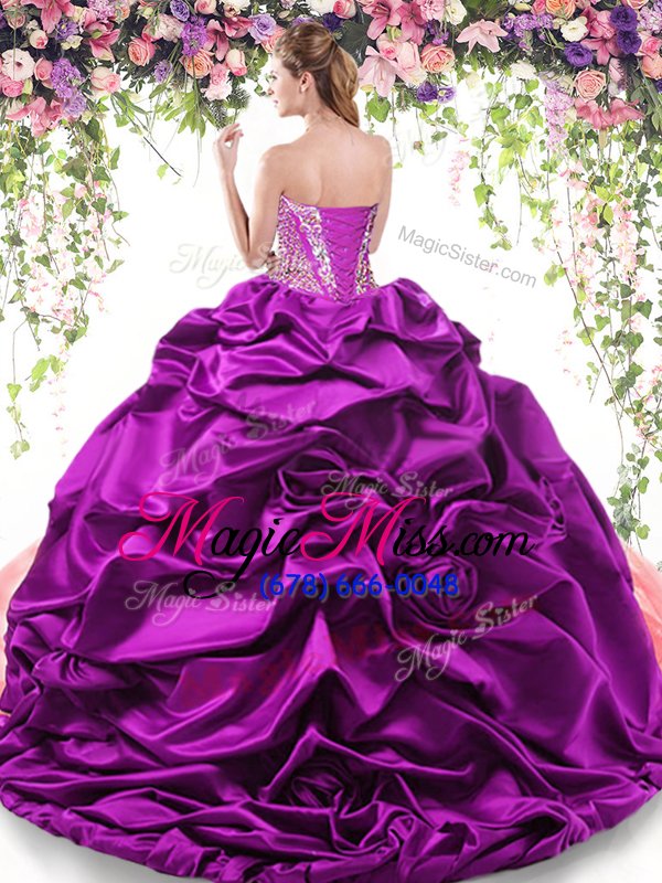 wholesale new style coral red and eggplant purple ball gowns organza and taffeta sweetheart sleeveless beading and ruffled layers and pick ups with train lace up quinceanera dresses brush train