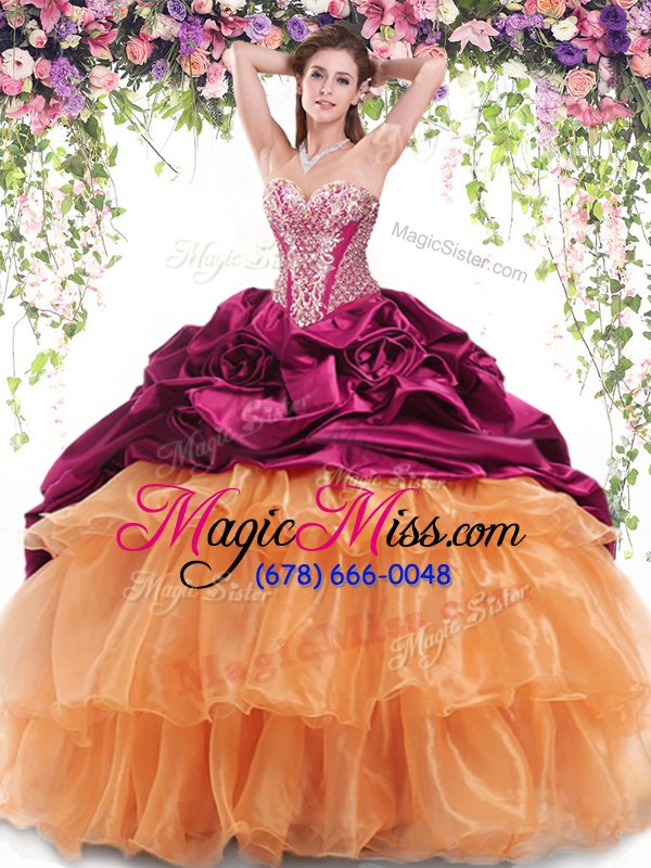 wholesale chic fuchsia and orange sweetheart lace up beading and ruffled layers and pick ups ball gown prom dress brush train sleeveless
