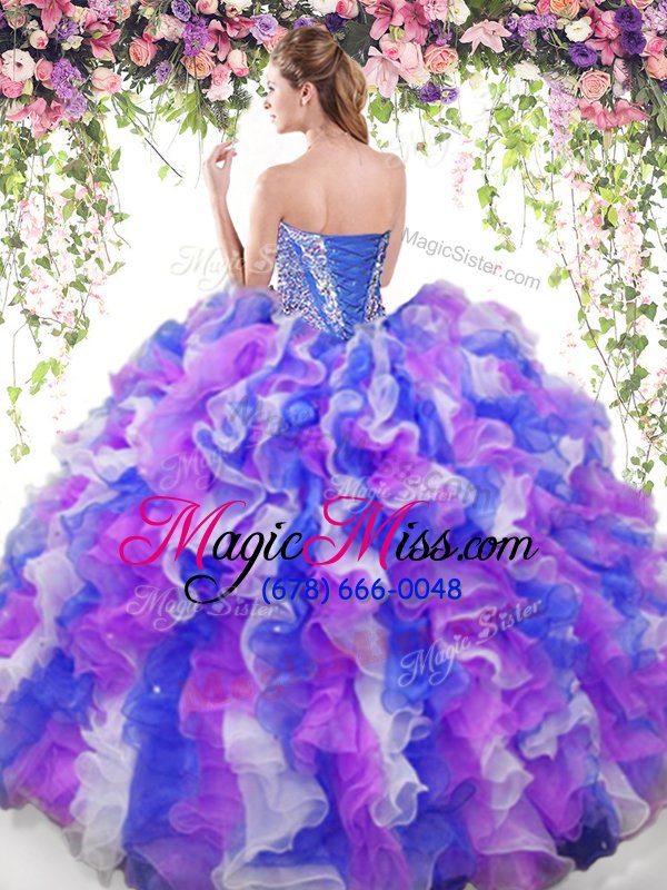 wholesale modern multi-color ball gowns sweetheart sleeveless organza floor length lace up beading and ruffles quinceanera gowns