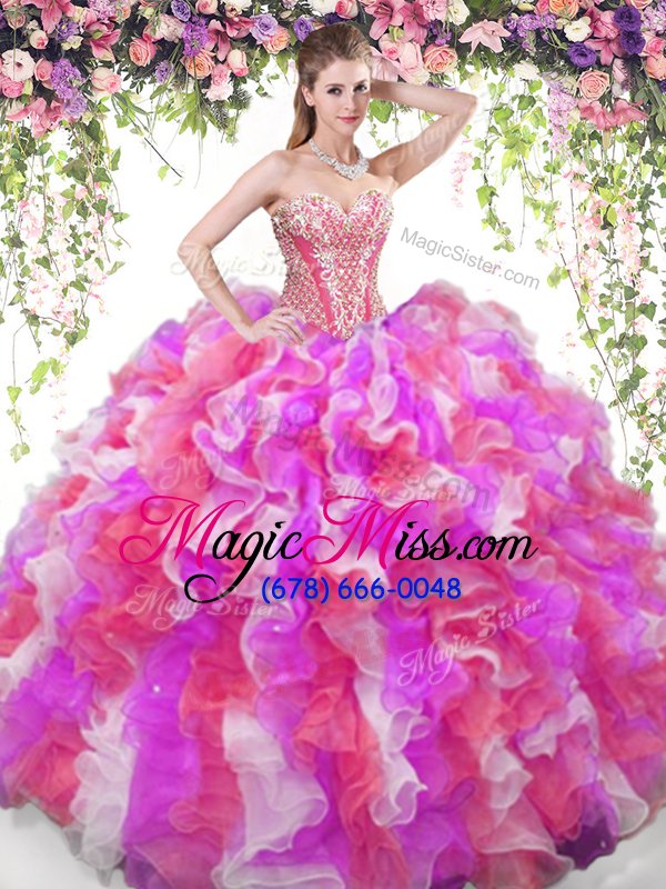 wholesale sleeveless floor length beading and ruffles lace up sweet 16 dresses with multi-color