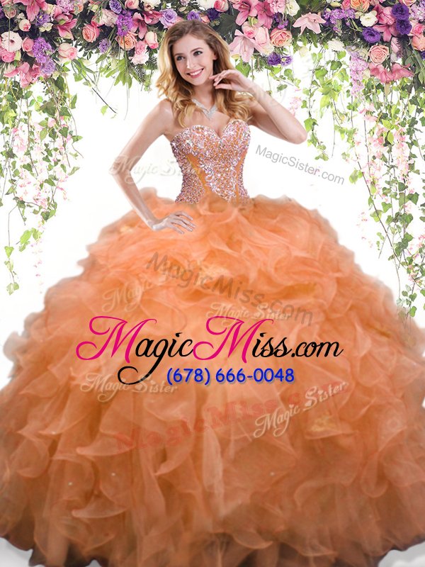 wholesale luxury orange lace up sweet 16 dresses beading and ruffles sleeveless floor length