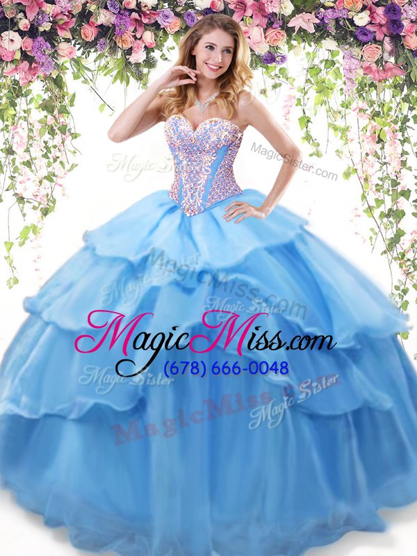 wholesale fashionable ruffled sweetheart sleeveless lace up quince ball gowns baby blue organza