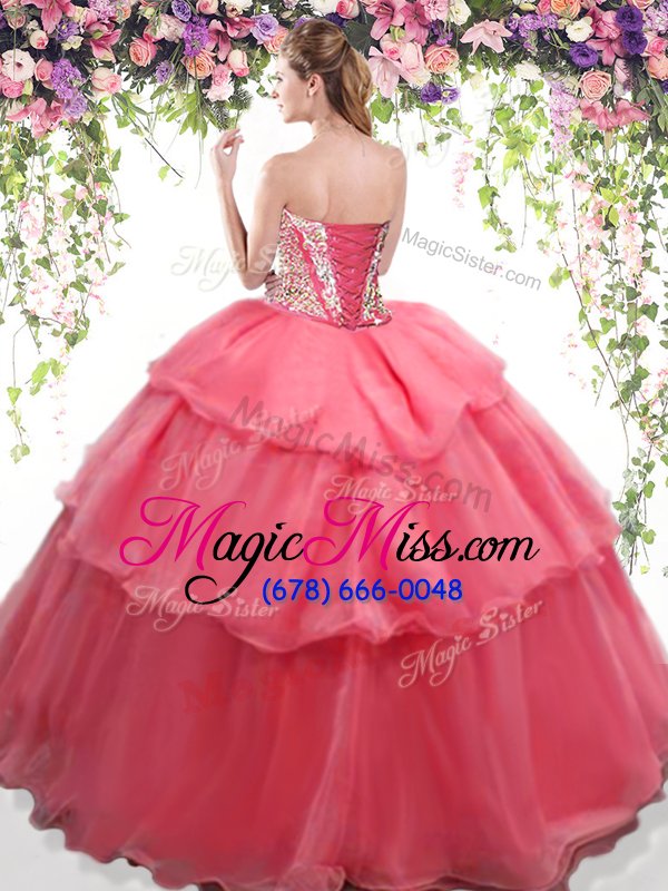 wholesale deluxe ruffled ball gowns quinceanera dress coral red sweetheart organza sleeveless floor length lace up